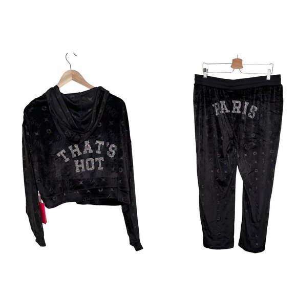 Paris Hilton Womens Black Velour "thats hot" Hoodie & Pants Track Suit XL - Picture 1 of 8